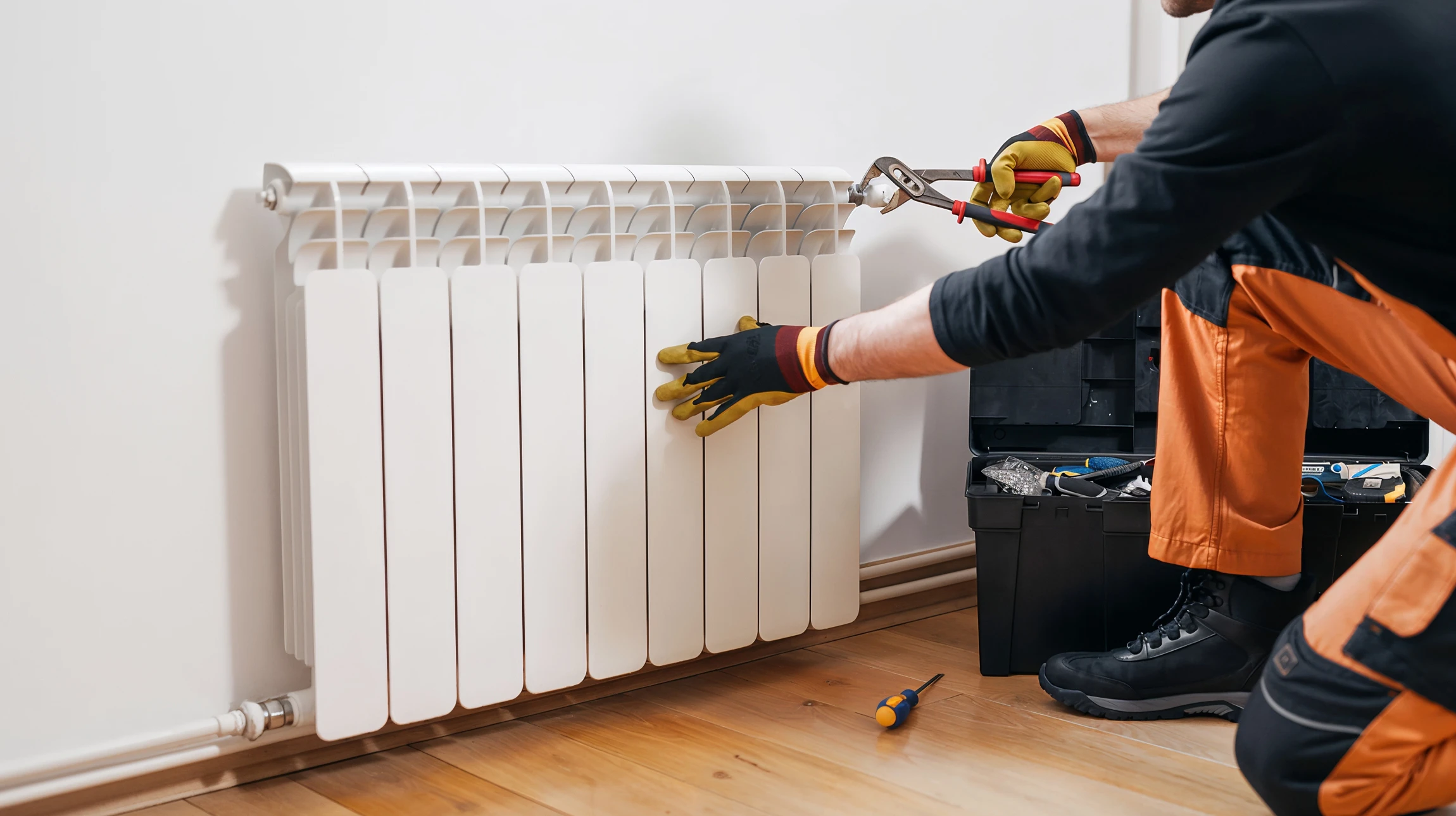 Plombier professionnel à genoux dans une salle de bain moderne, intervenant sous un lavabo blanc avec robinetterie chromée